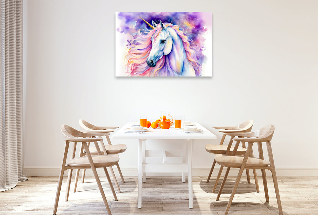 Premium Textil-Leinwand Einhorn mit funkelnder Mähne in der Nacht