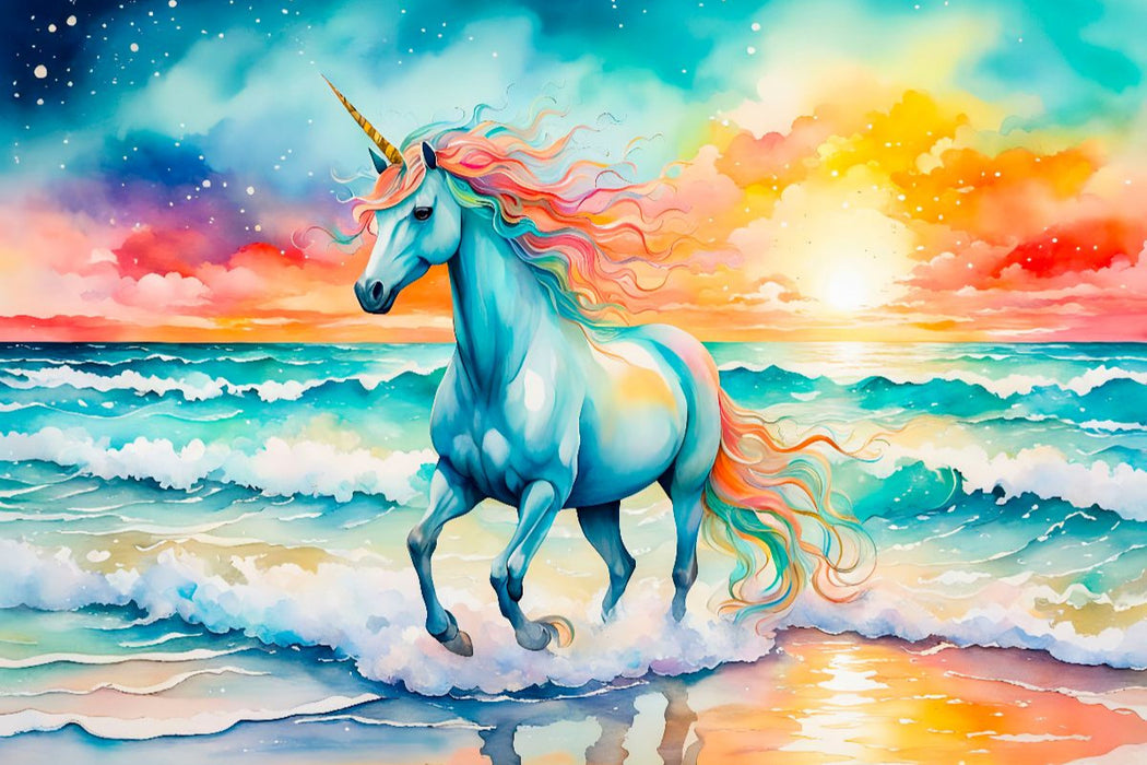 Premium Textil-Leinwand Einhorn am magischen Meeresstrand