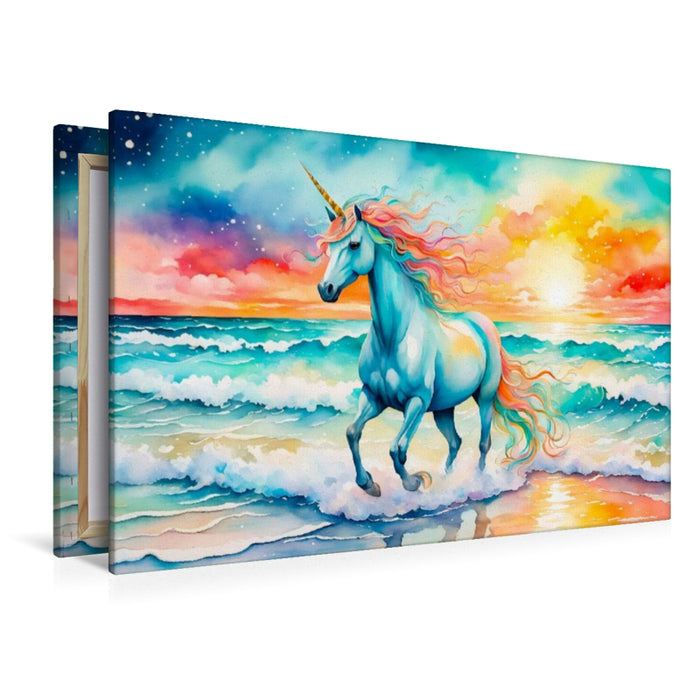 Premium Textil-Leinwand Einhorn am magischen Meeresstrand