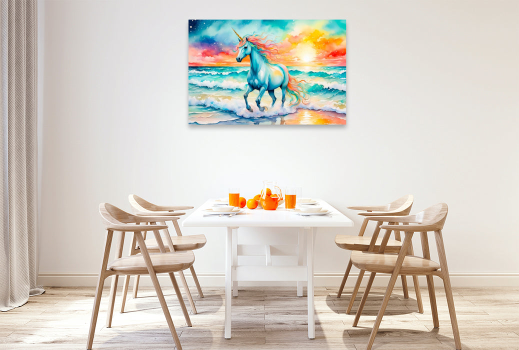 Premium Textil-Leinwand Einhorn am magischen Meeresstrand