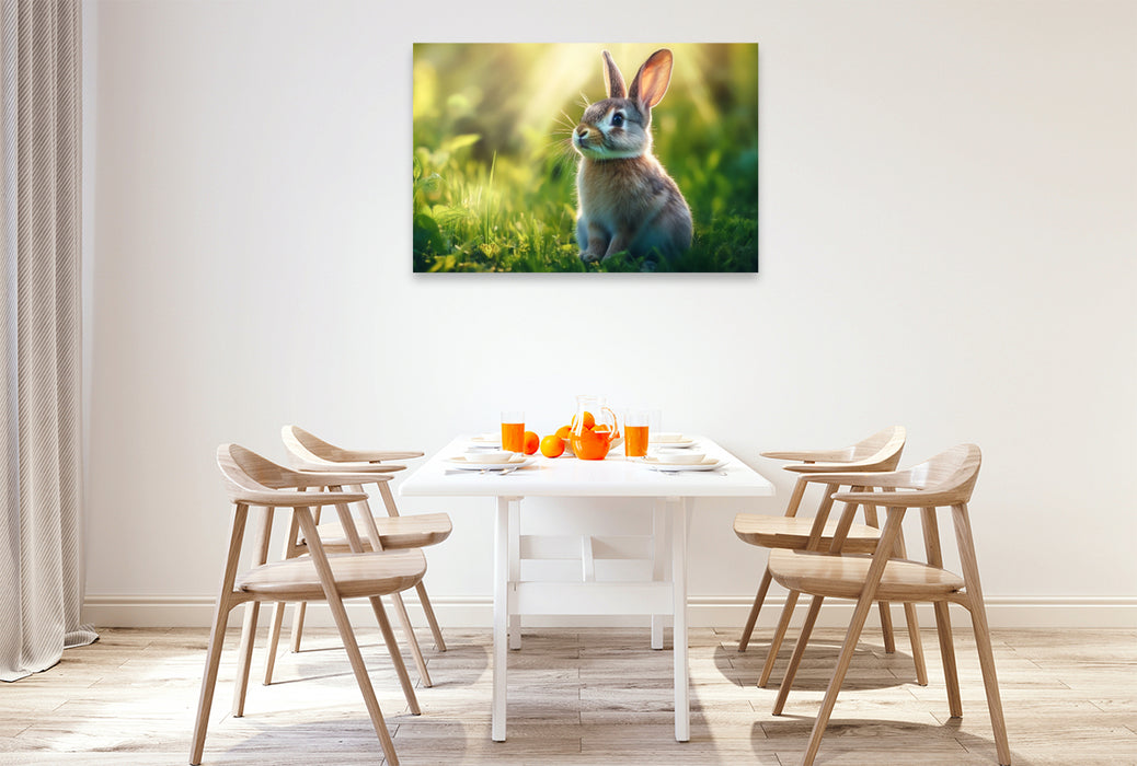Premium Textil-Leinwand Hasenfrühstück bei Sonnenaufgang