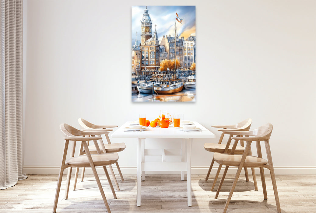 Premium Textil-Leinwand Amsterdam – Stadt der Grachten und Giebel