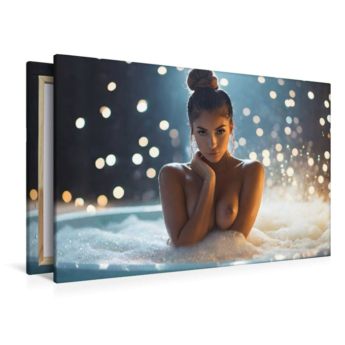 Premium Textil-Leinwand Verträumte barbusige Frau im Schaumbad