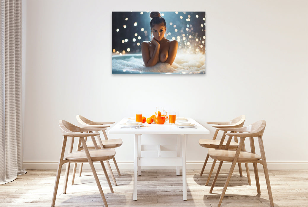 Premium Textil-Leinwand Verträumte barbusige Frau im Schaumbad