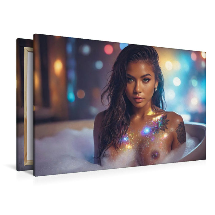 Premium Textil-Leinwand Erotische nackte Frau im glitzernden Schaumbad
