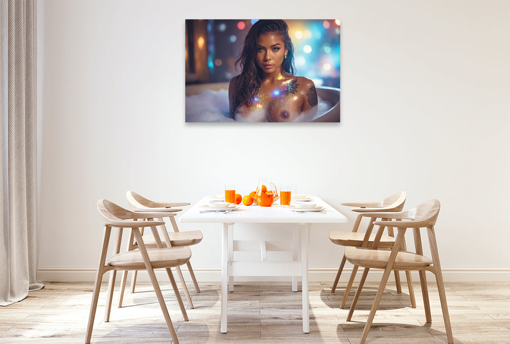 Premium Textil-Leinwand Erotische nackte Frau im glitzernden Schaumbad