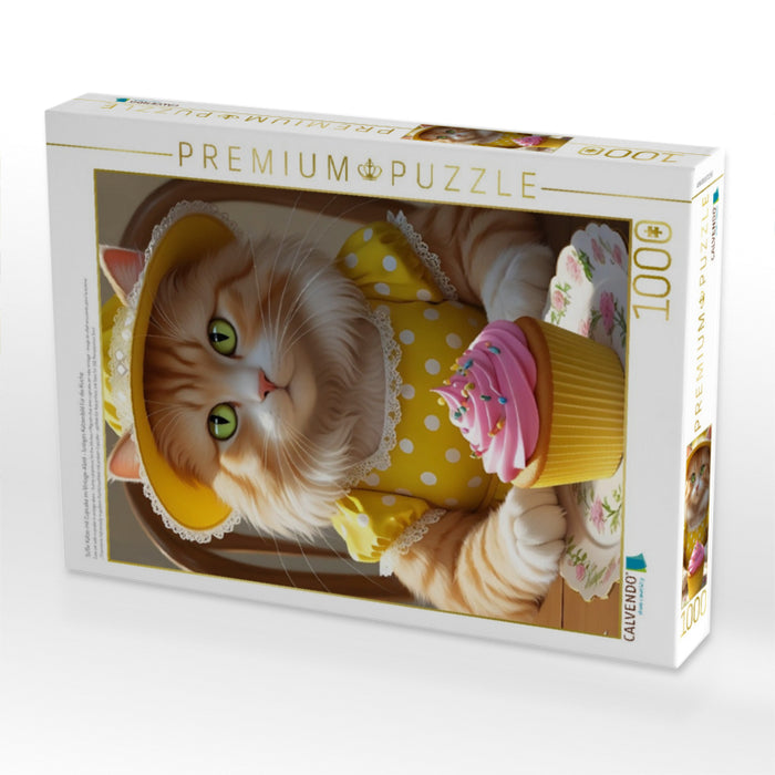 Süße Katze mit Cupcake im Vintage-Kleid – lustiges Katzenbild für die Küche - CALVENDO Foto-Puzzle'
