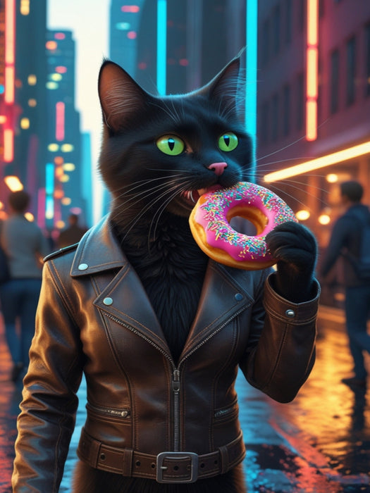Coole schwarze Katze mit Donut – urbanes Katzenbild für Trendsetter - CALVENDO Foto-Puzzle'