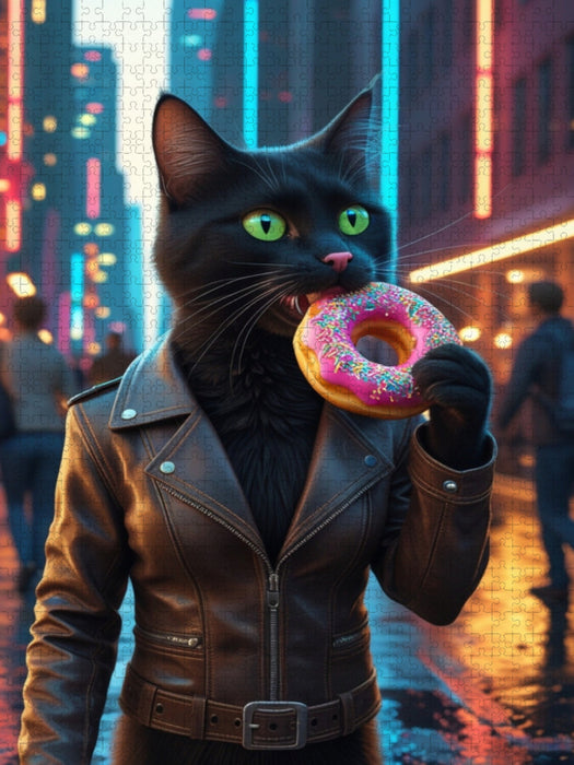 Coole schwarze Katze mit Donut – urbanes Katzenbild für Trendsetter - CALVENDO Foto-Puzzle'