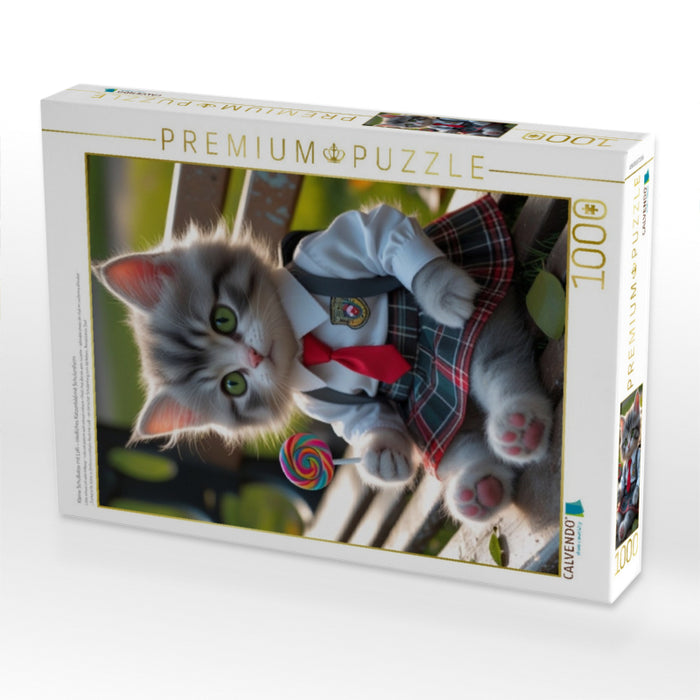 Kleine Schulkatze mit Lolli – niedliches Katzenbild mit Schuluniform - CALVENDO Foto-Puzzle'