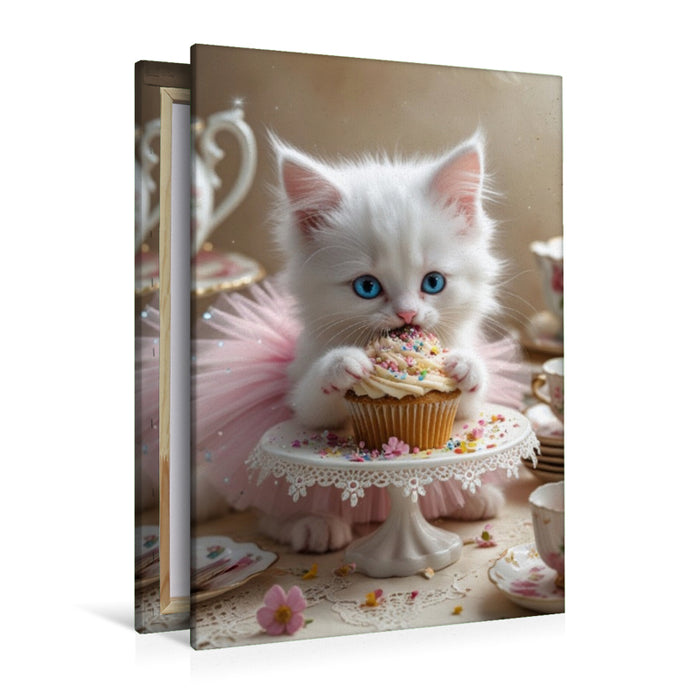 Premium Textil-Leinwand Süße Babykatze im Tutu nascht einen Cupcake