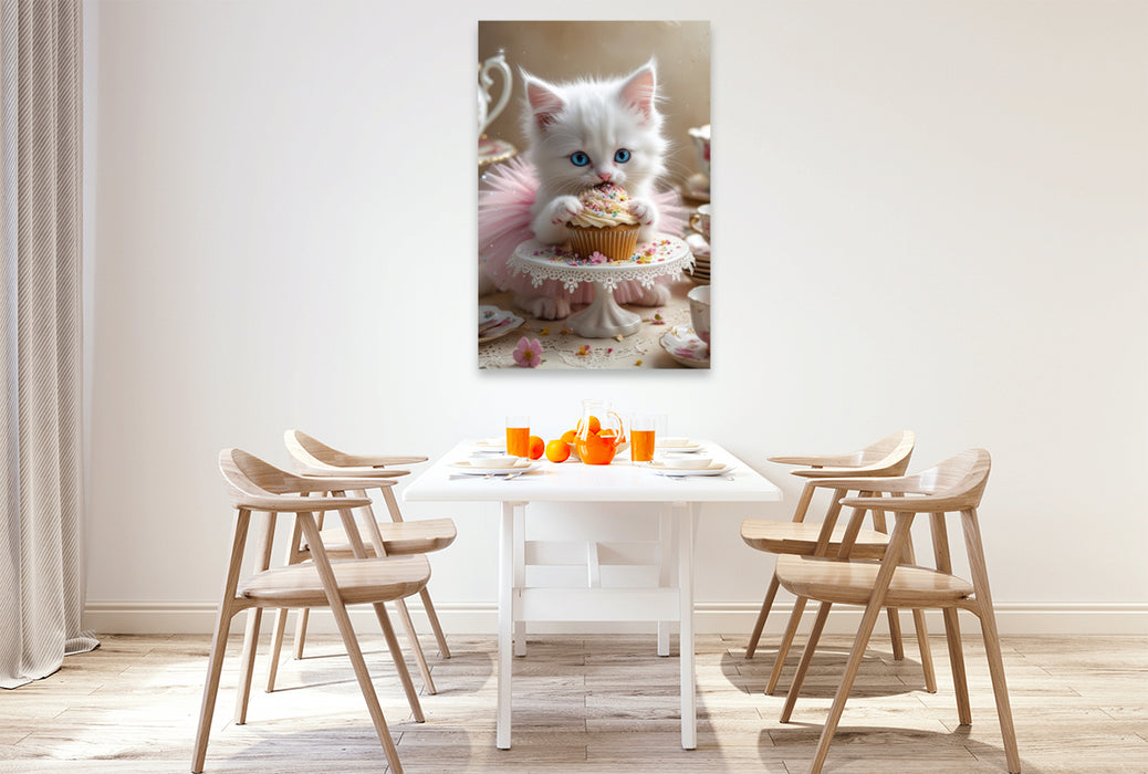 Premium Textil-Leinwand Süße Babykatze im Tutu nascht einen Cupcake