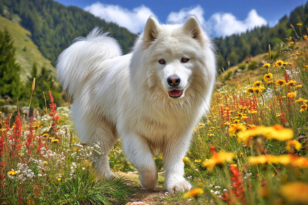 Premium Textil-Leinwand Samojede auf der Bergwiese