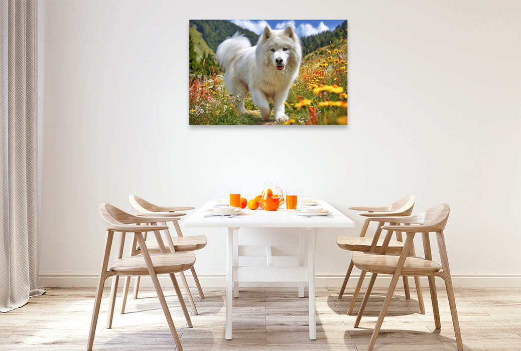 Premium Textil-Leinwand Samojede auf der Bergwiese