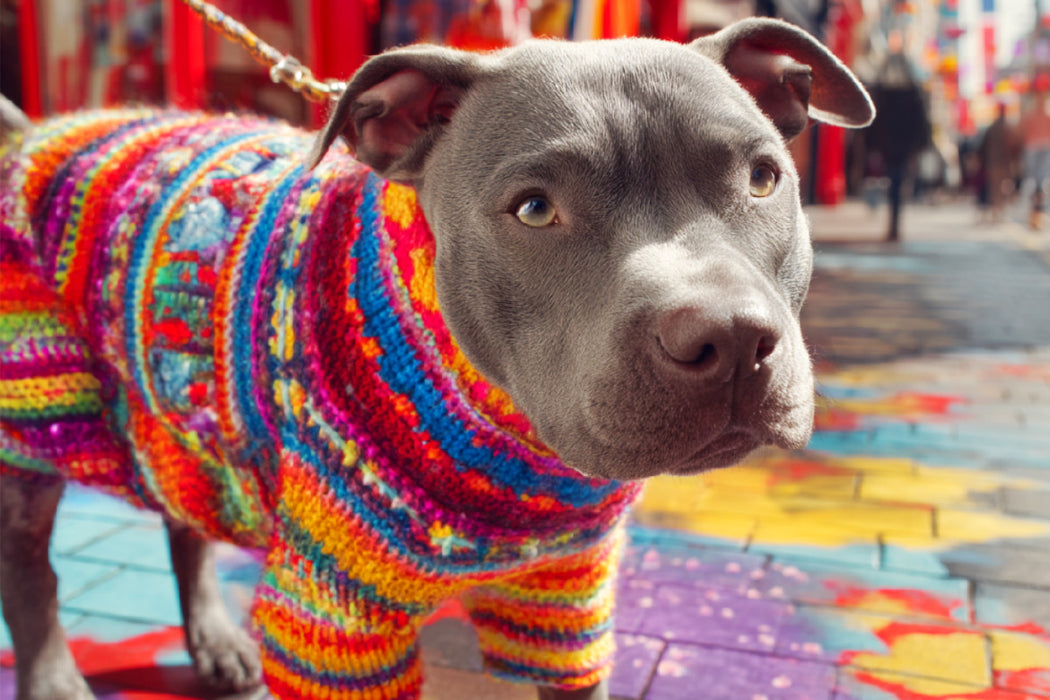 Premium Textil-Leinwand Pit Bull im bunten Strick