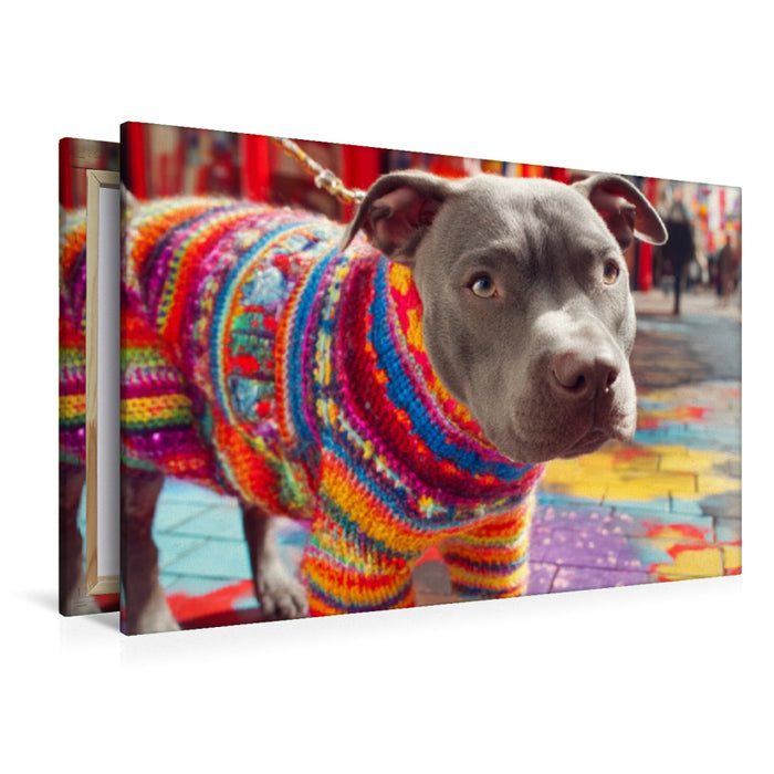 Premium Textil-Leinwand Pit Bull im bunten Strick