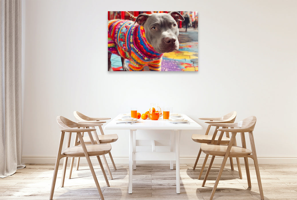Premium Textil-Leinwand Pit Bull im bunten Strick
