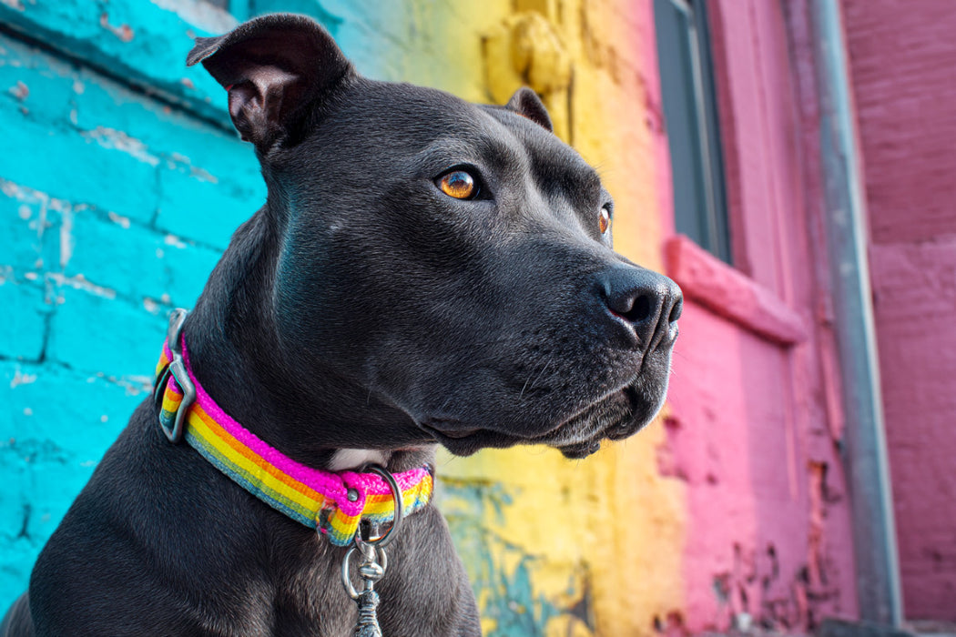 Premium Textil-Leinwand Pit Bull mit buntem Halsband