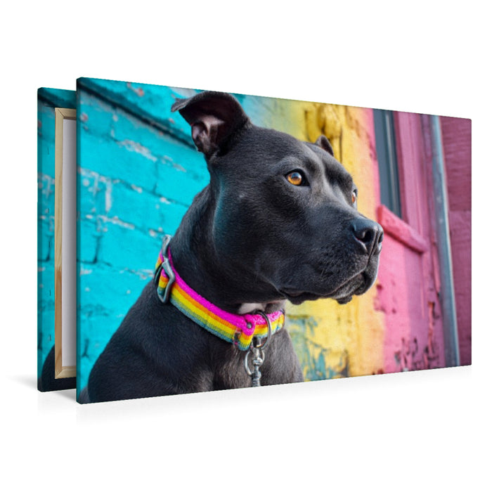 Premium Textil-Leinwand Pit Bull mit buntem Halsband