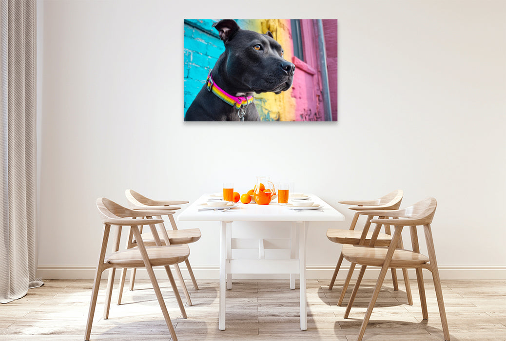 Premium Textil-Leinwand Pit Bull mit buntem Halsband