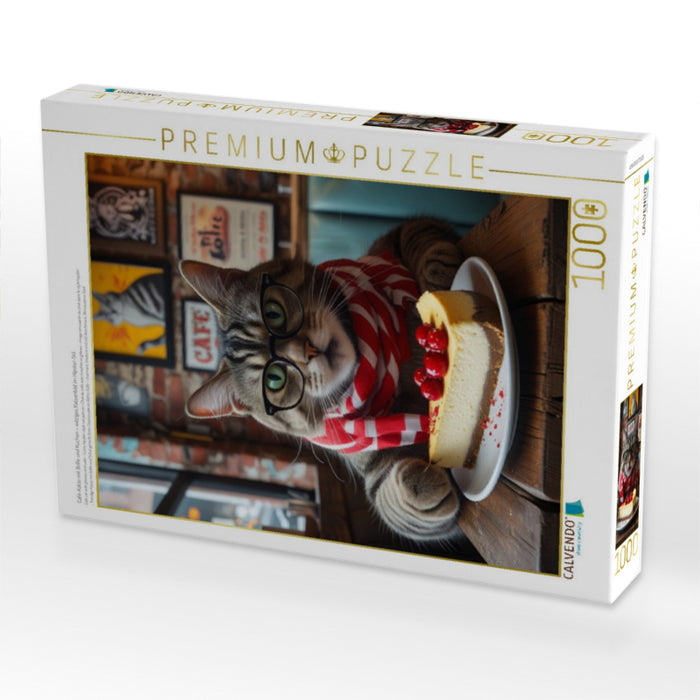 Café-Katze mit Brille und Kuchen – witziges Katzenbild im Hipster-Stil - CALVENDO Foto-Puzzle'