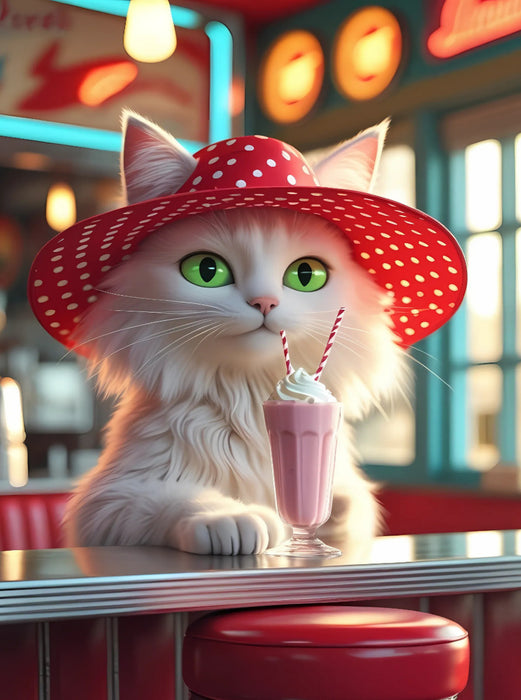 Katzen-Diva im Diner mit Milchshake – lustiges Retro-Motiv für Katzenfreunde - CALVENDO Foto-Puzzle'