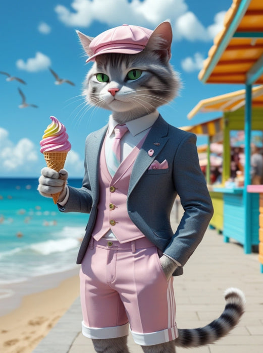 Kater mit Eis im Sommeranzug – stilvolles Katzenmotiv am Strand - CALVENDO Foto-Puzzle'