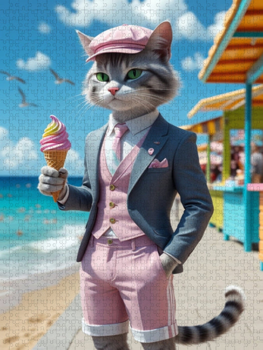 Kater mit Eis im Sommeranzug – stilvolles Katzenmotiv am Strand - CALVENDO Foto-Puzzle'