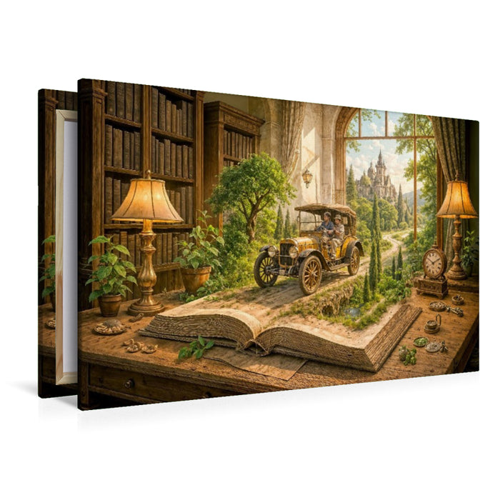 Premium Textil-Leinwand Zeitreise auf Rädern mit dem Oldtimer