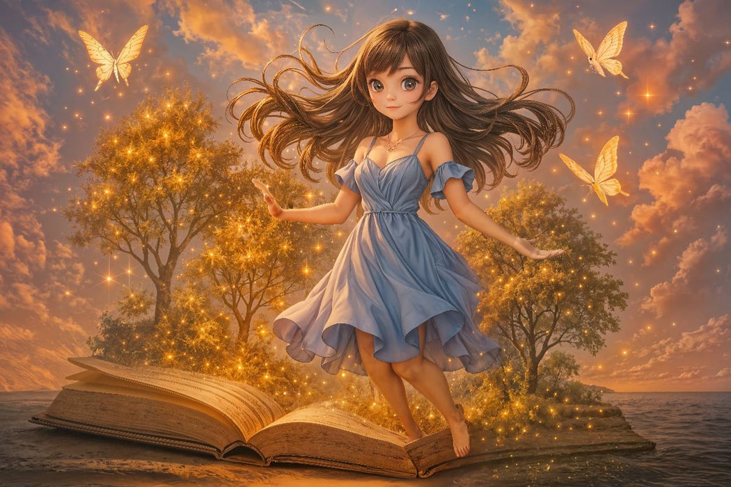 Premium Textil-Leinwand Animewelt Heldin zwischen Seiten