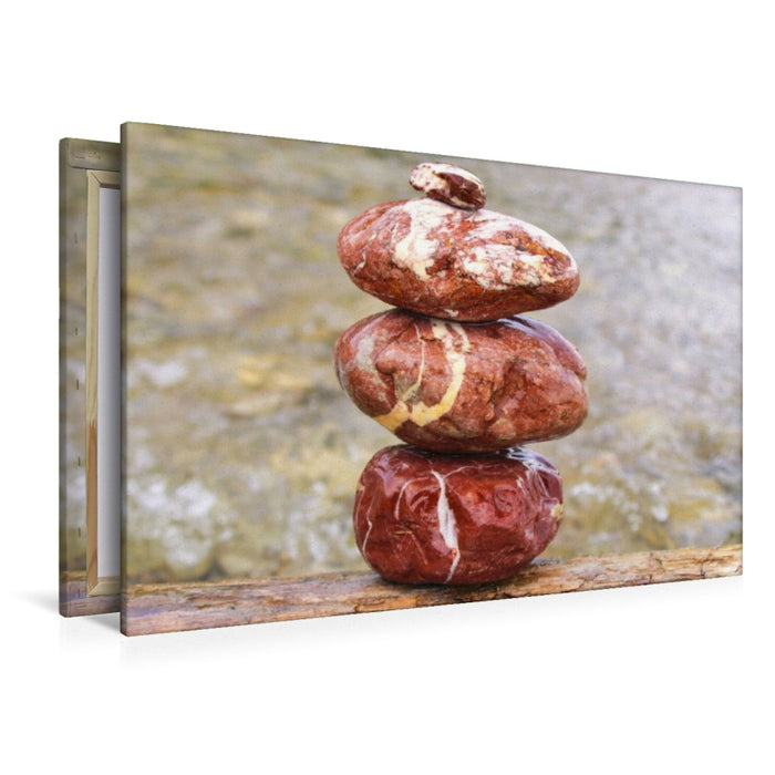 Premium Textil-Leinwand Balance am Fluss – Steinmännchen an der Isar