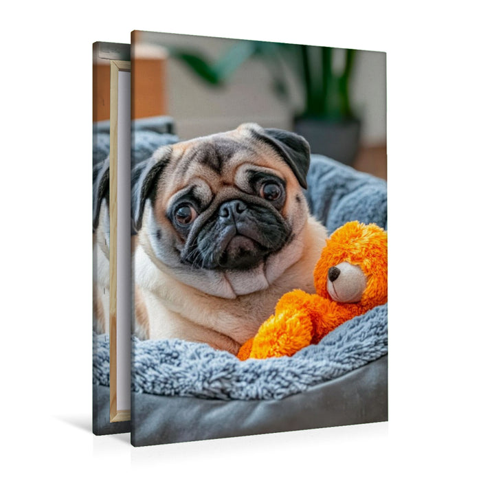 Premium Textil-Leinwand Mops und sein Kuschelbärchen