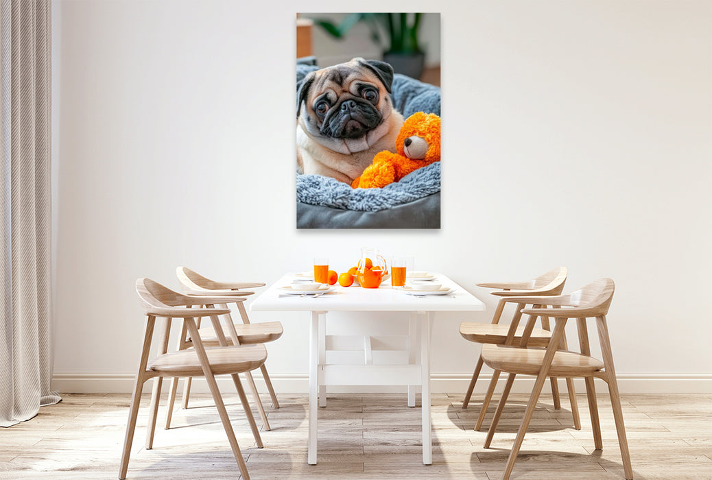 Premium Textil-Leinwand Mops und sein Kuschelbärchen