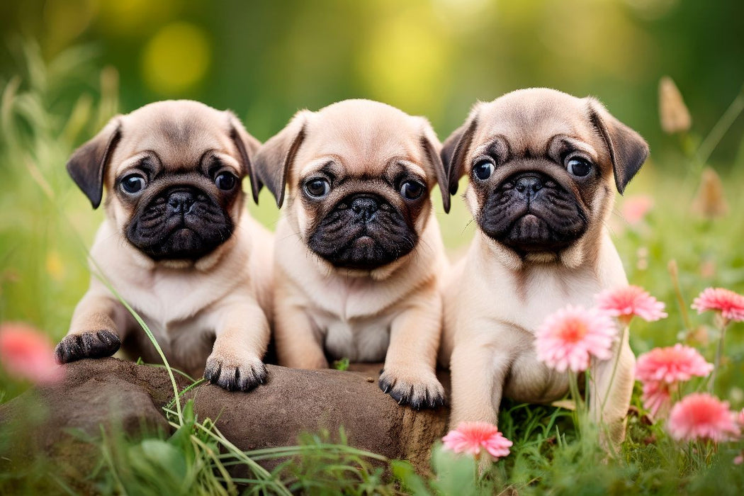 Premium Textil-Leinwand Mopsparade im Blütenmeer