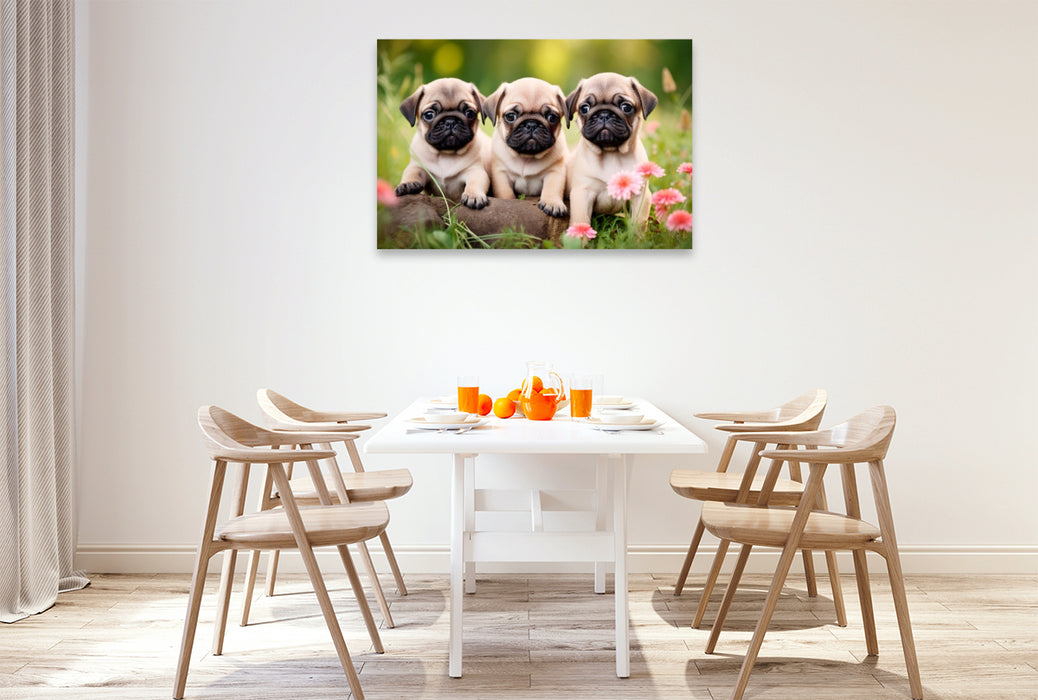 Premium Textil-Leinwand Mopsparade im Blütenmeer