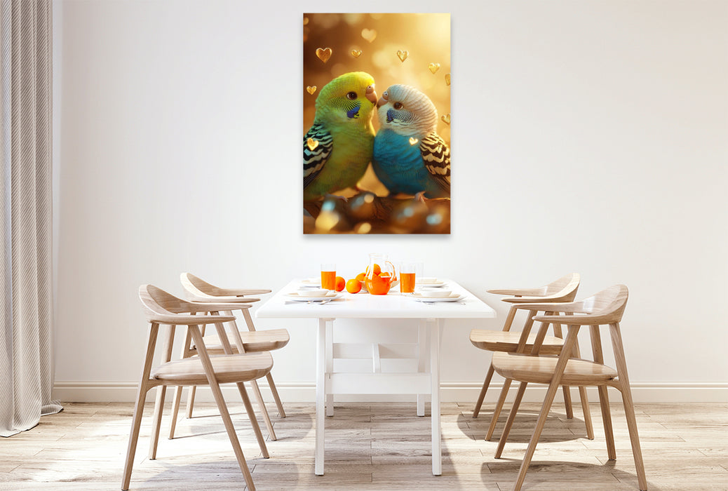 Premium Textil-Leinwand Zwei verliebte Wellensittiche