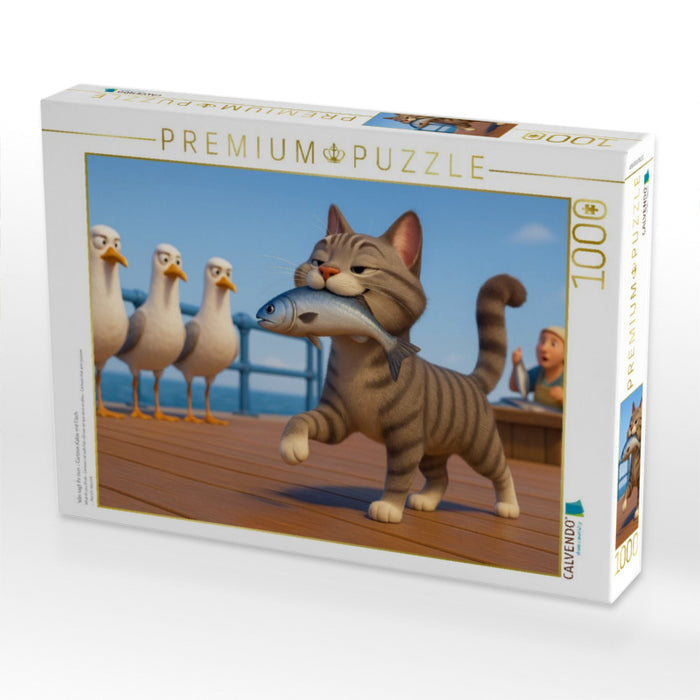 Was sagt ihr nun - Cartoon Katze mit Fisch - CALVENDO Foto-Puzzle'