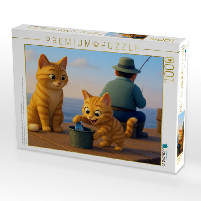 Gut, aufpassen, dass er nichts merkt - Cartoon Katzen stehlen Fisch - CALVENDO Foto-Puzzle'