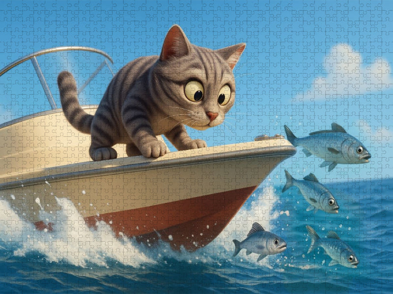 Kommt ein kleines Stück näher - Cartoon Katze beim Fischfang - CALVENDO Foto-Puzzle'