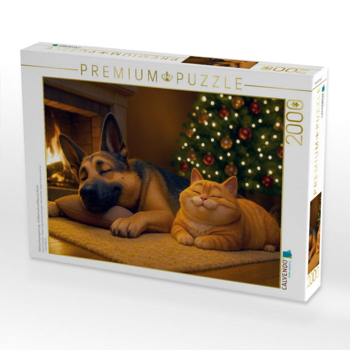 Weihnachtsentspannung - Schäferhund und Katze am Kamin - CALVENDO Foto-Puzzle'