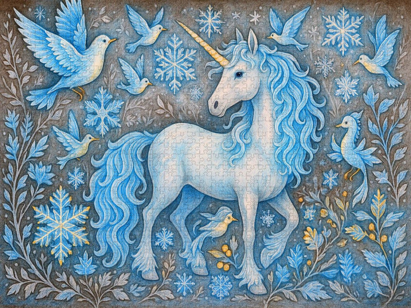 Schneeeinhorn und Eiskristall-Vögel - CALVENDO Foto-Puzzle'