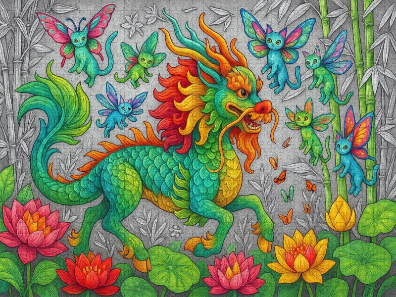 Chinesischer Qilin und Libellenkatzen - CALVENDO Foto-Puzzle'