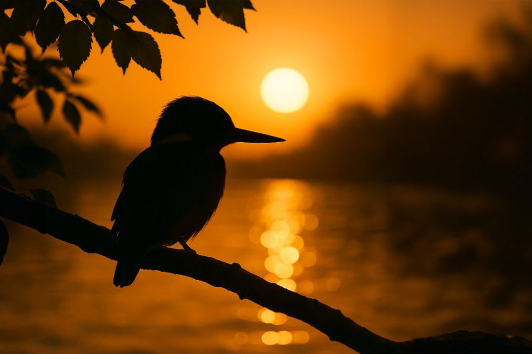 Premium Textil-Leinwand Sonnenuntergang mit Eisvogel