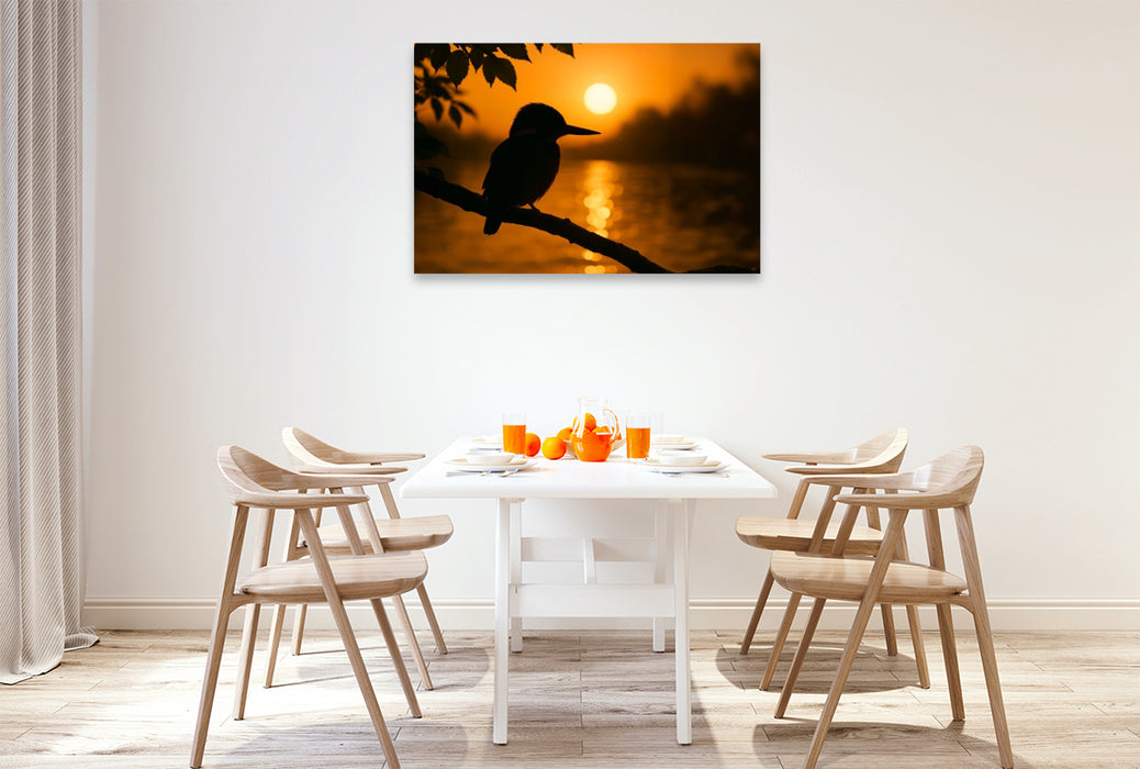 Premium Textil-Leinwand Sonnenuntergang mit Eisvogel