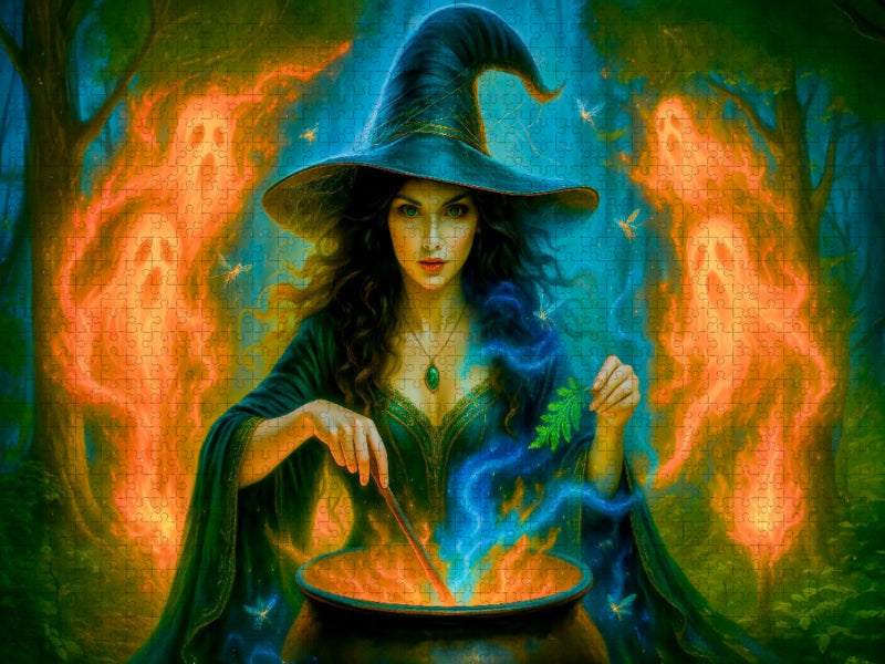 Kräuterhexe mit Geistern am Zauberkessel - CALVENDO Foto-Puzzle'