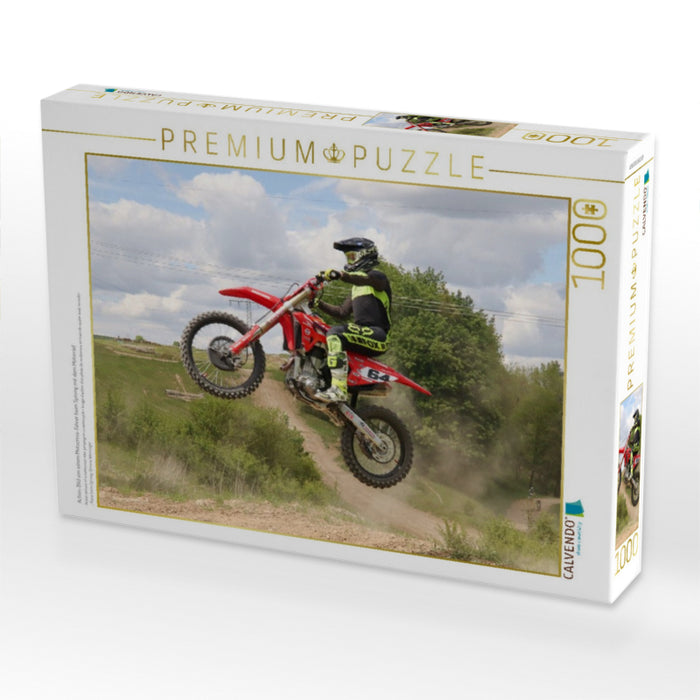 Action-Bild von einem Motocross-Fahrer beim Sprung mit dem Motorrad - CALVENDO Foto-Puzzle'