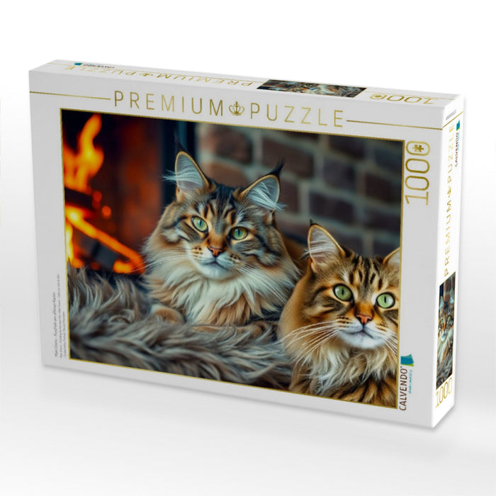 Main Coons - Kuscheln am offenen Kamin - CALVENDO Foto-Puzzle'