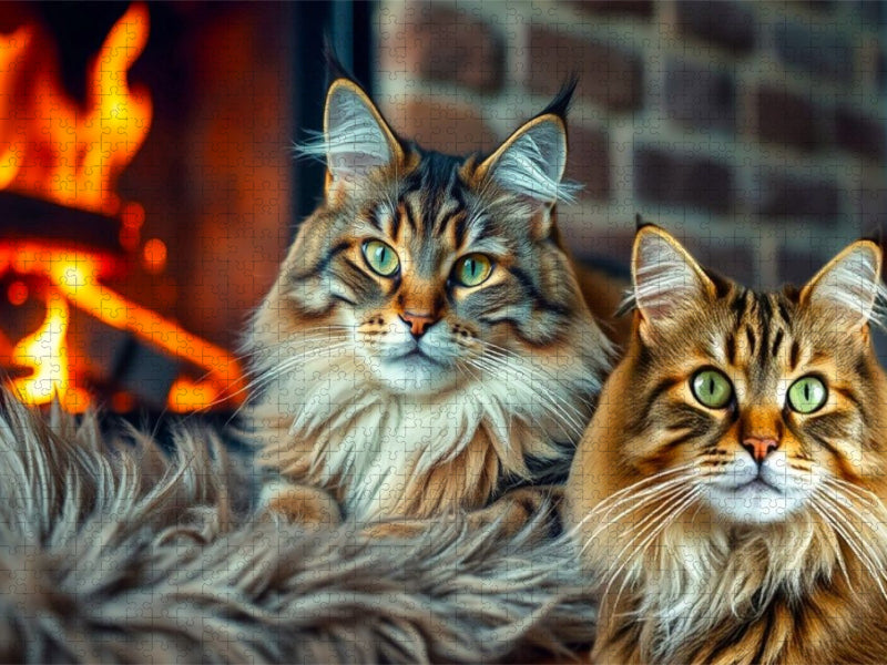 Main Coons - Kuscheln am offenen Kamin - CALVENDO Foto-Puzzle'