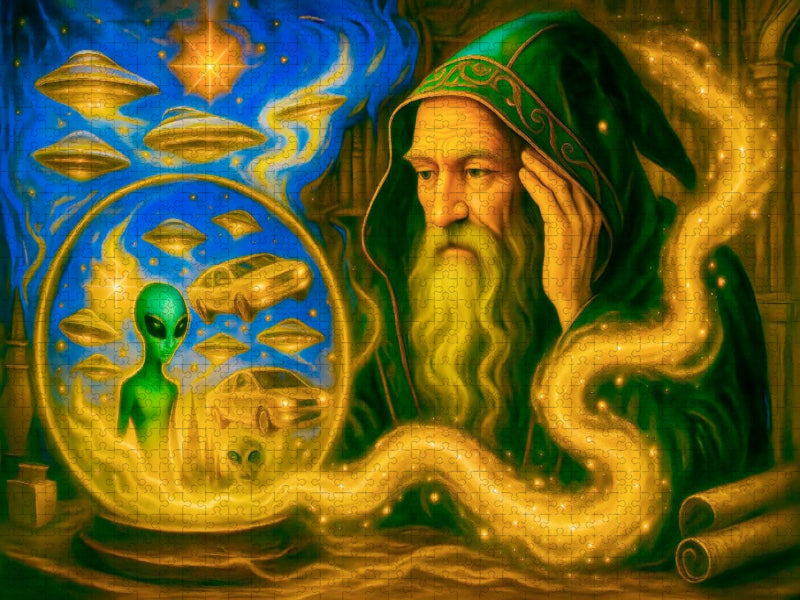 Zauberer erkennt in Kristallkugel kommende Zukunftsbilder - CALVENDO Foto-Puzzle'