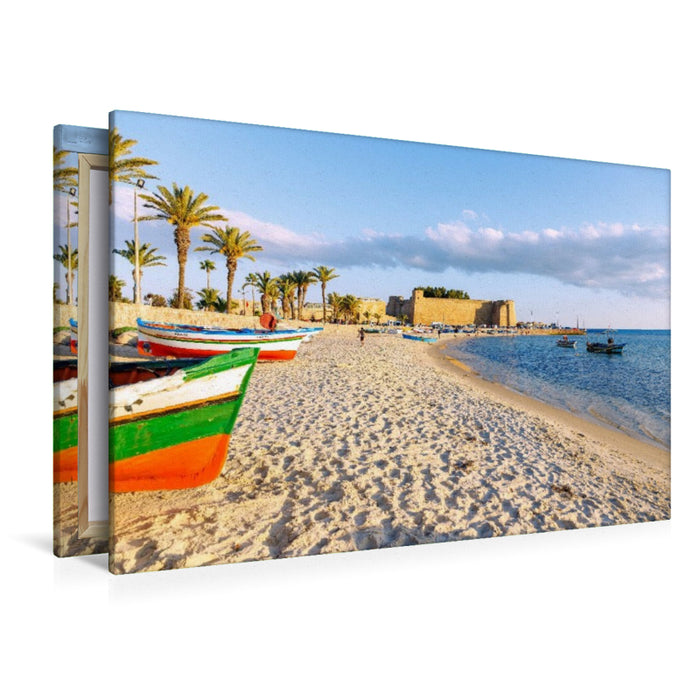 Premium Textil-Leinwand Strand mit Fischerbooten vor der Kasbah in Hammamet